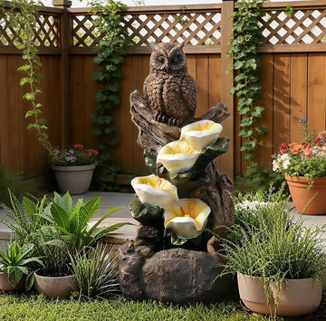 28" Outdoor Water Fountain with Led Lights, 4-Tiered Owl & Calla Lil Water Fountain, Outdoor Garden Waterfall Decor