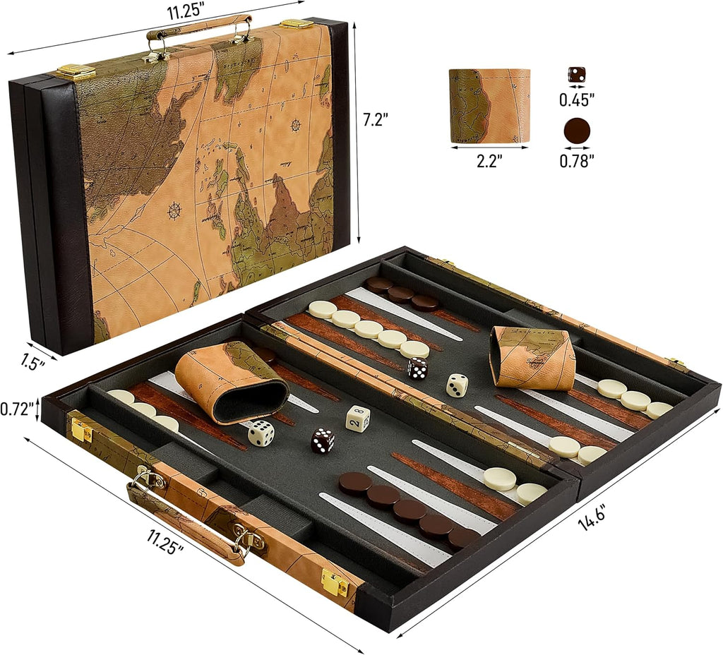 Backgammon, Backgammon Sets for Adults, 15" Leather Travel Backgammon Sets - Classic Board Game (World Map Design)