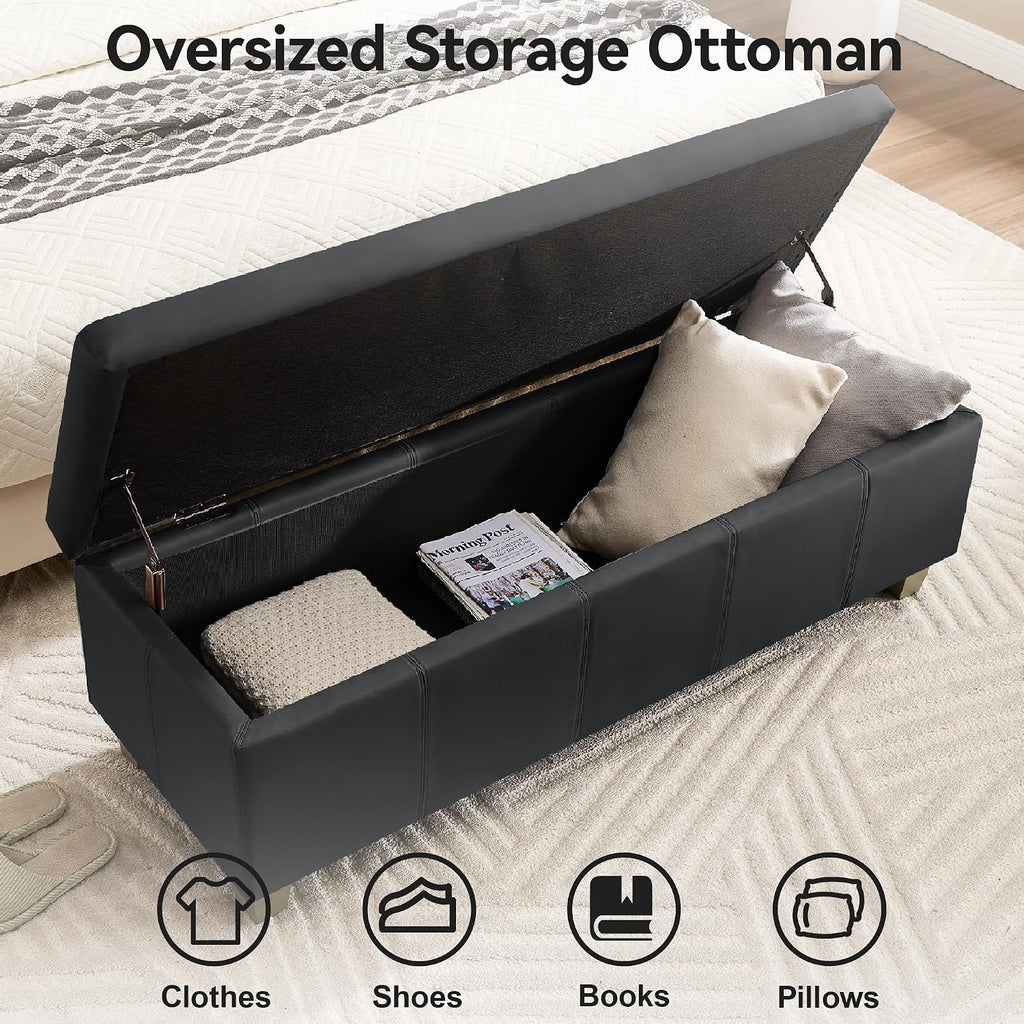 51" Faux Leather Storage Ottoman, Stitch Tufted Rectangle Upholstered End of Bed Storage Bench, Entryway Large Couch