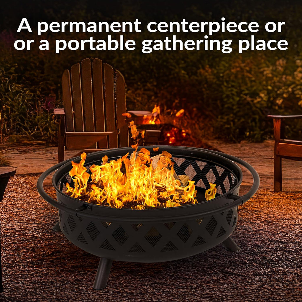 Sunnydaze Crossweave Outdoor Fire Pit - Wood-Burning Fire Pit for Outside with Spark Screen, Poker and Round Cover - 36-Inch - Black - Image 7