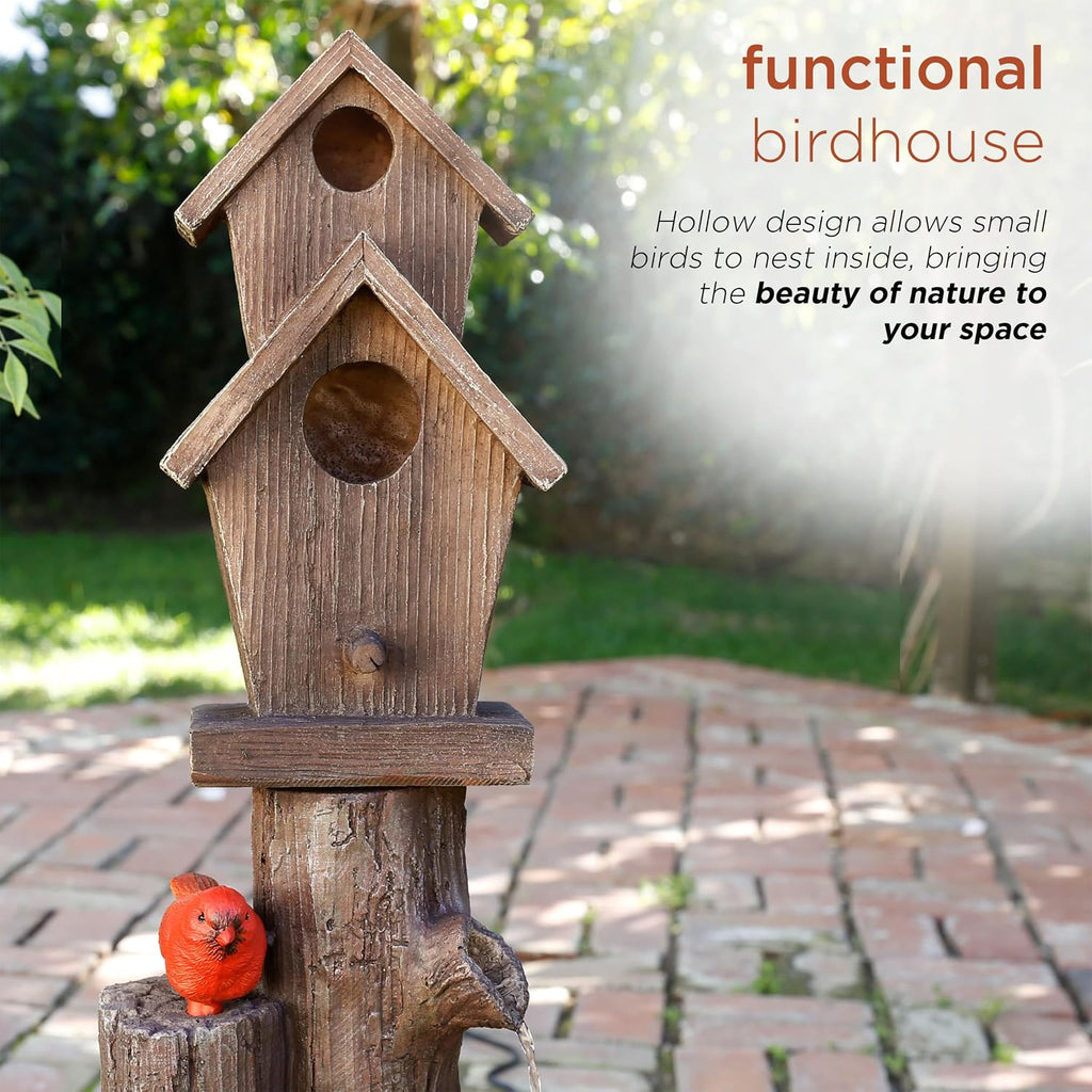 35" Tall Outdoor 3-Tier Birdhouse Water Fountain with Cardinal Accent, Rustic Floor Decor and Patio, Brown