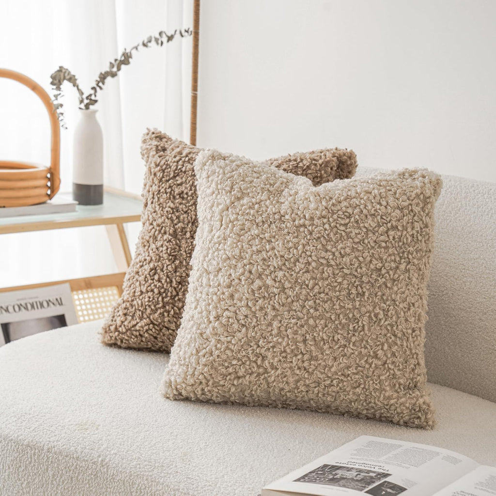 2 Pieces 20x20 Inch Light Khaki, Faux Fur Throw Pillow Cover Accent Pillow Fuzzy Soft Pillowcases Sheepskin
