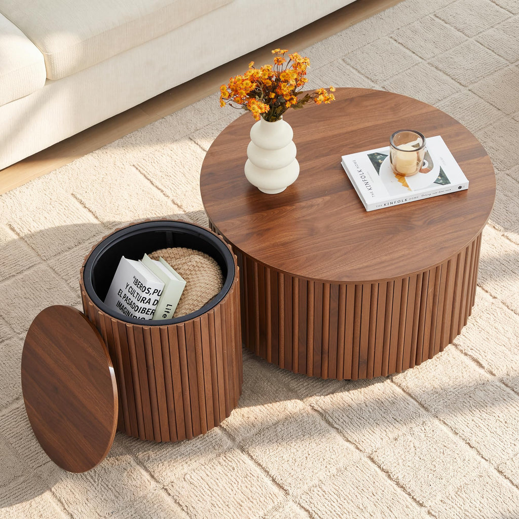 Fluted Round Nesting Coffee Set of 2 Circle Center with Storage