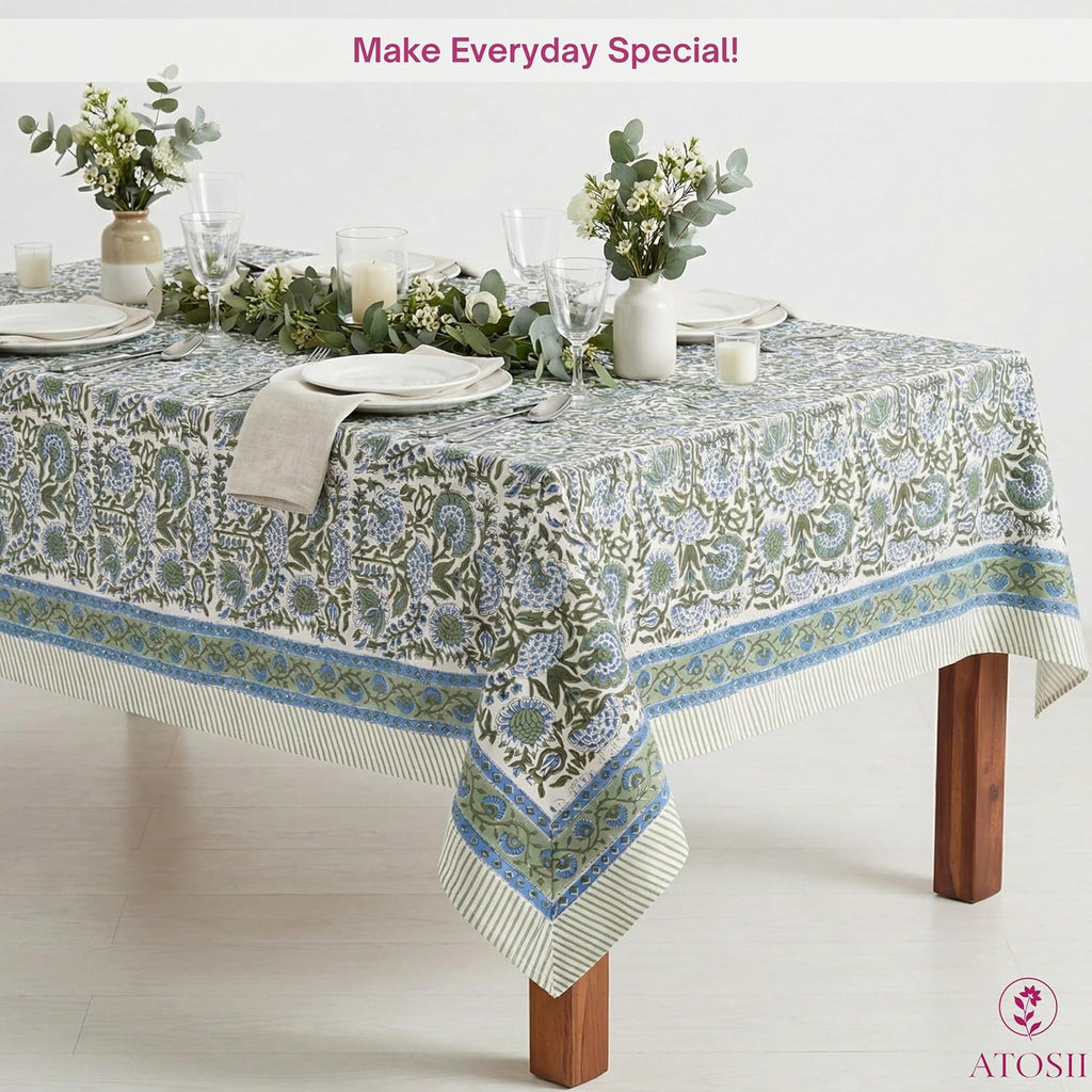 Clover Blue 100% Cotton Rectangle Fall Tablecloth, Handblock Floral Linen Table Cloth Dining Table I