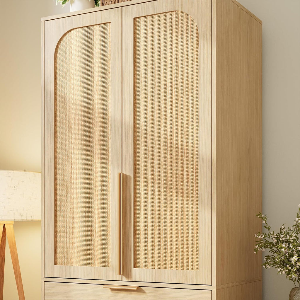 70" Wardrobe Armoire Wooden Closet with 3 Drawers, Oak | Bedroom Armoire with Hanging Rod Shelf, Large Capacity