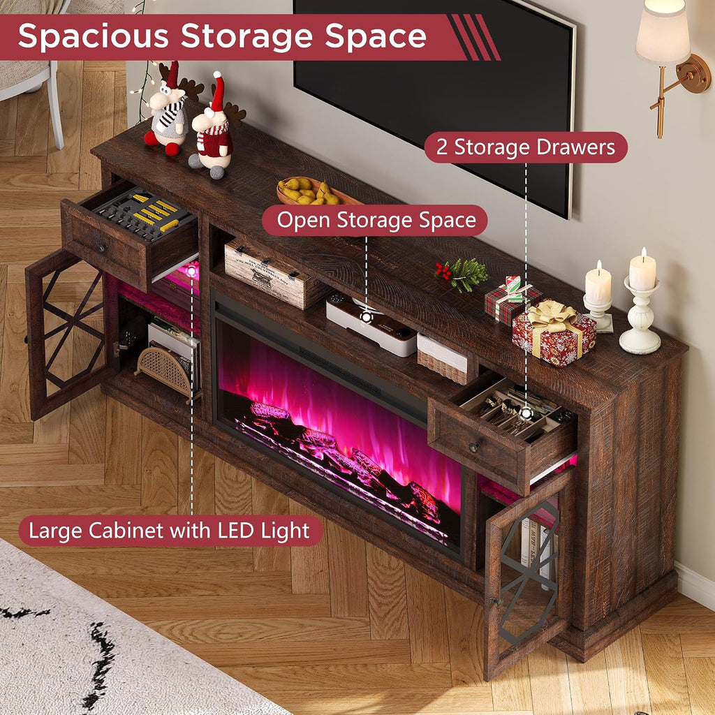 Farmhouse 70" Fireplace TV Stand with 37" Electric Fireplace, Large LED Entertainment Center with Storage for 80"
