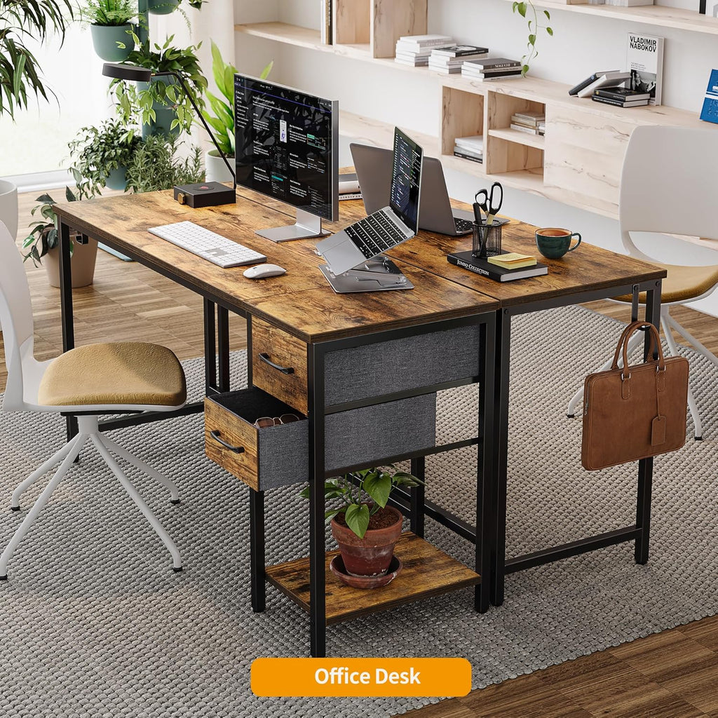 Computer Desk with 2 Drawers, 40 Inch Small Home Office Desk with Storage Study Writing Table, Light Brown