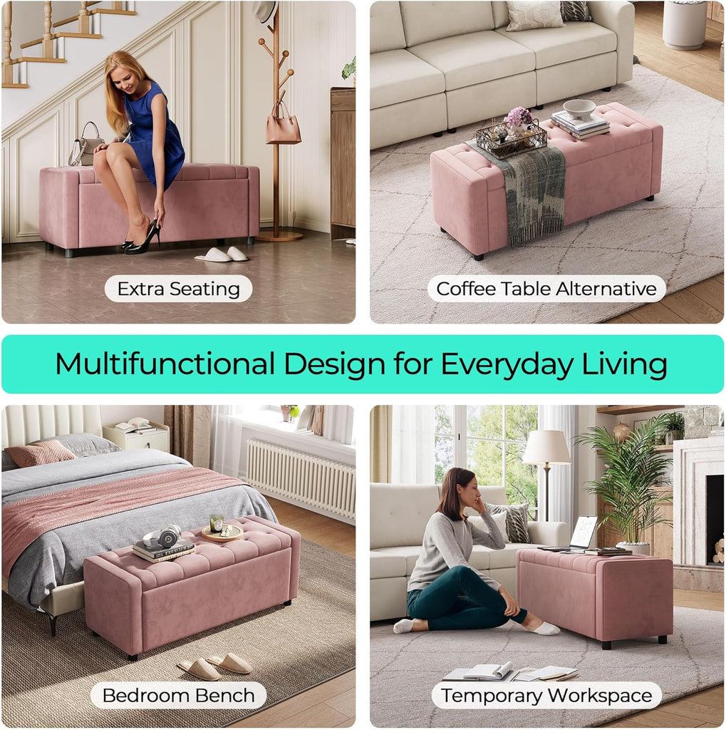 49" Velvet Ottoman with Storage, Upholstered End of Bed Storage Bench, Large Ottoman Foot Rest , Pink