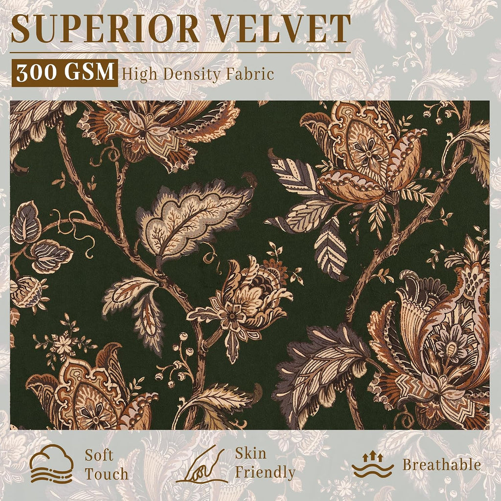 Green Velvet Curtains Moody Floral Print, W52 x L84, 2 Panels