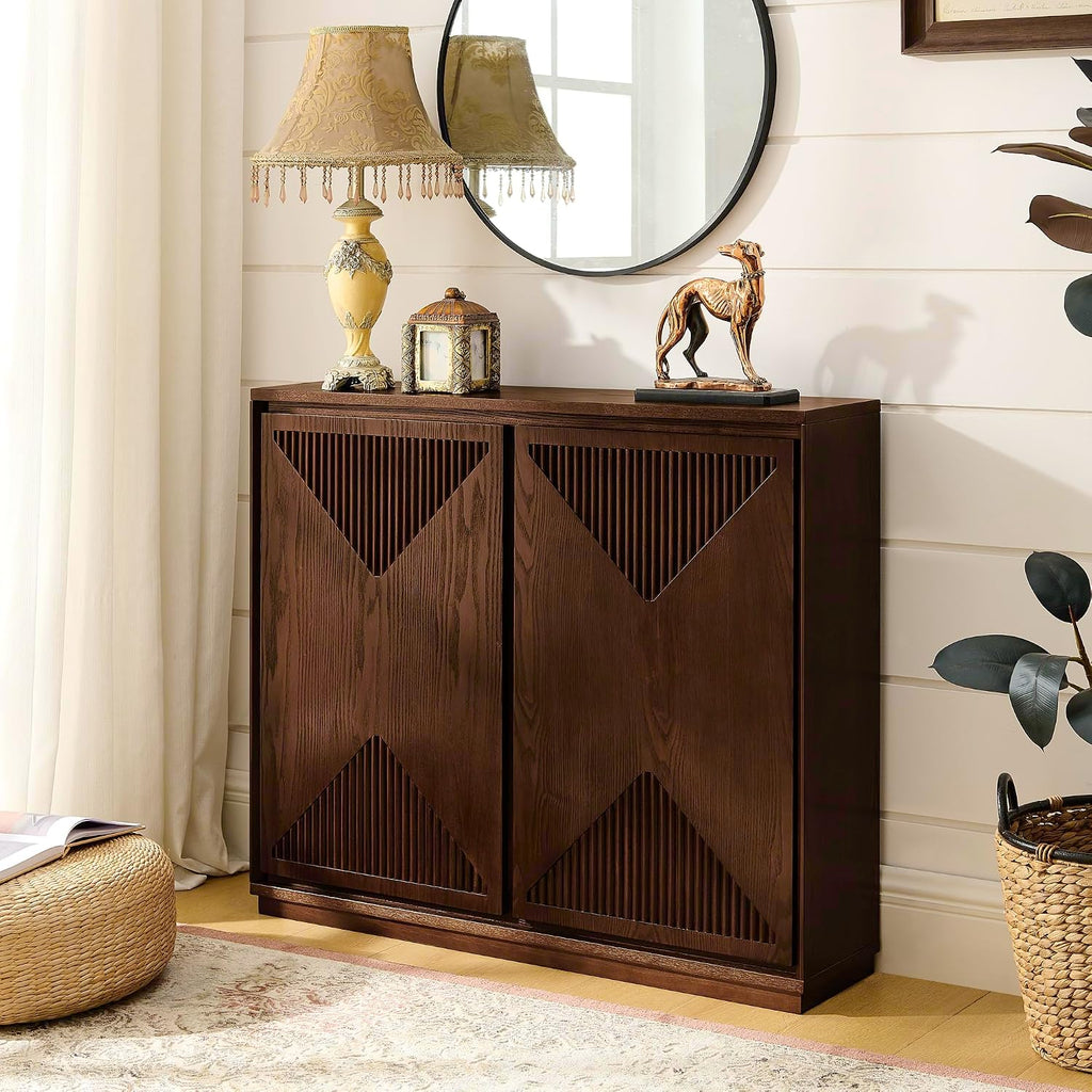 Narrow Sideboard Buffet Storage Cabinet with Solid Wood Doors | Mid Century Modern Accent Credenza Cabinet; Media