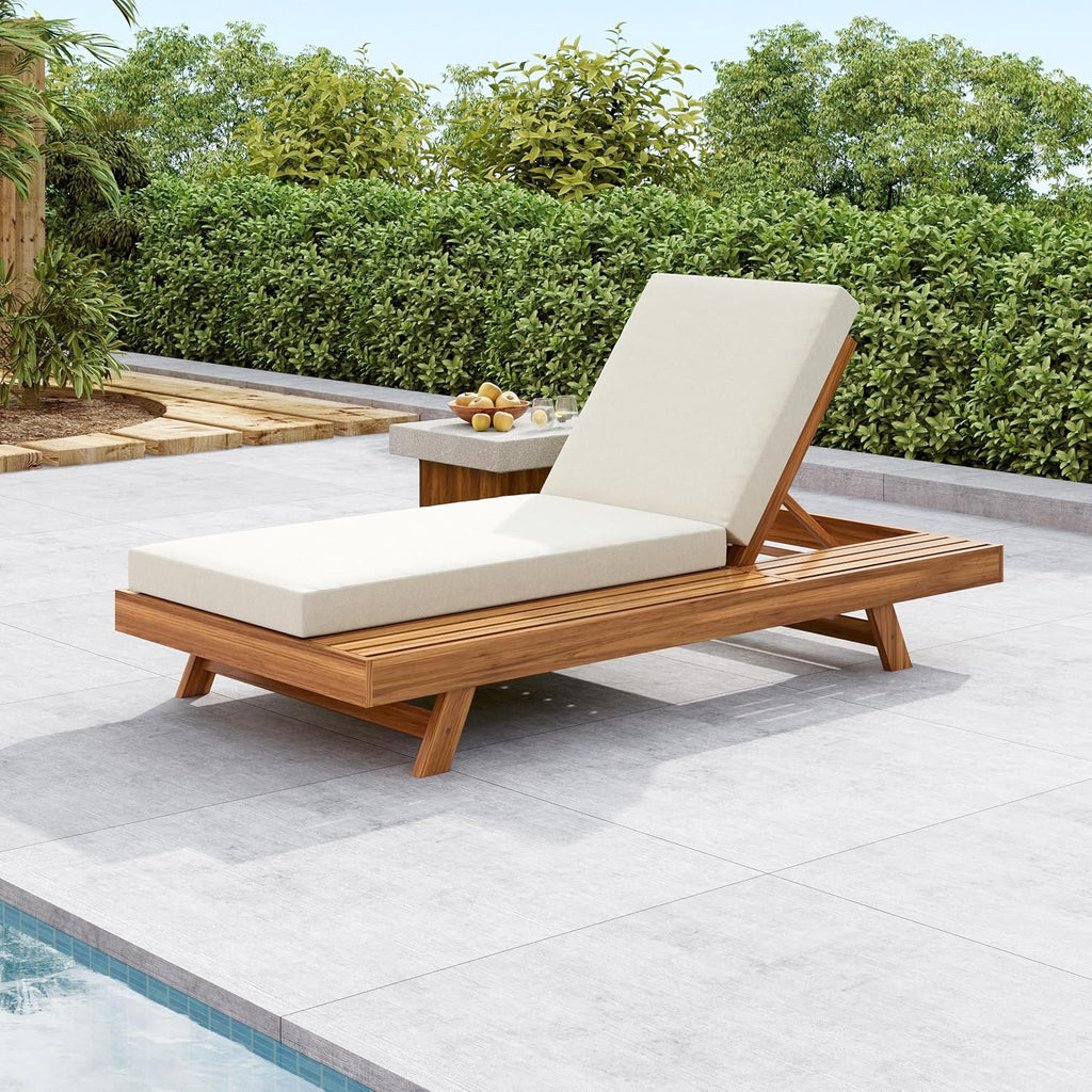 Acacia Wood Chaise Lounge with 4'' Cushion, Outdoor 79'' Patio Recliner Chair with 4-Position Adjustable