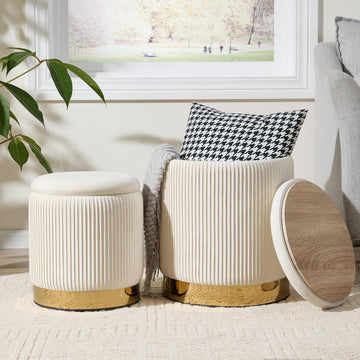 Round Ottoman with Storage Set of 2, Storage Vanity Stool | Velvet Upholstered Ottoman Coffee Table, Gold-Tone Ring