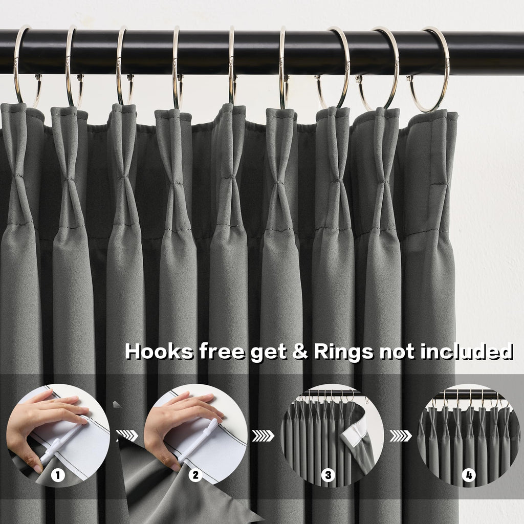 Grey Block Out Curtains, Sound Reducing Solid Window Treatment for Cafe/Kitchen/Night Shift, Blackout Curtain Panels