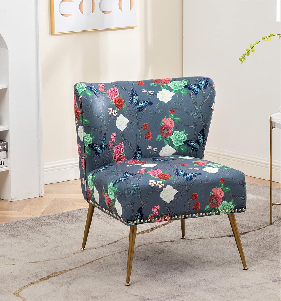 Thia Armless Accent Chair , Elegant Seat with Nailhead Trim, Gold Metal Legs and Comfortable Curved Back, 28" D x 25"