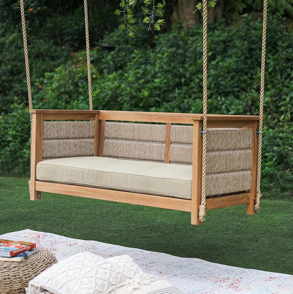 Blaine Teak Porch Swing with Tan Cushion - 2 Seater