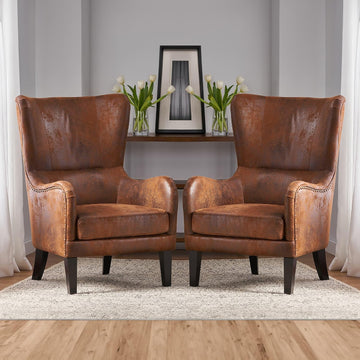 2 Piece Mid-Century Modern Accent Chairs, 27" Wide Wingback Club Chair Set of 2 with Nailhead Trim, Fabric Reading