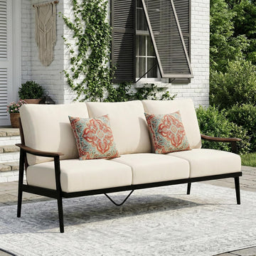 3-Seat Patio Couch Sofa, Wicker Back, Woodgrain Arm | Metal Outdoor Sofa with Adjustable Feet, Natural Wood-garin