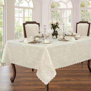 Portofino Scalloped Damask Fabric Tablecloth, 52 x 70 Inch Rectangle, Ivory, Wrinkle and Stain Resistant Fine Dining