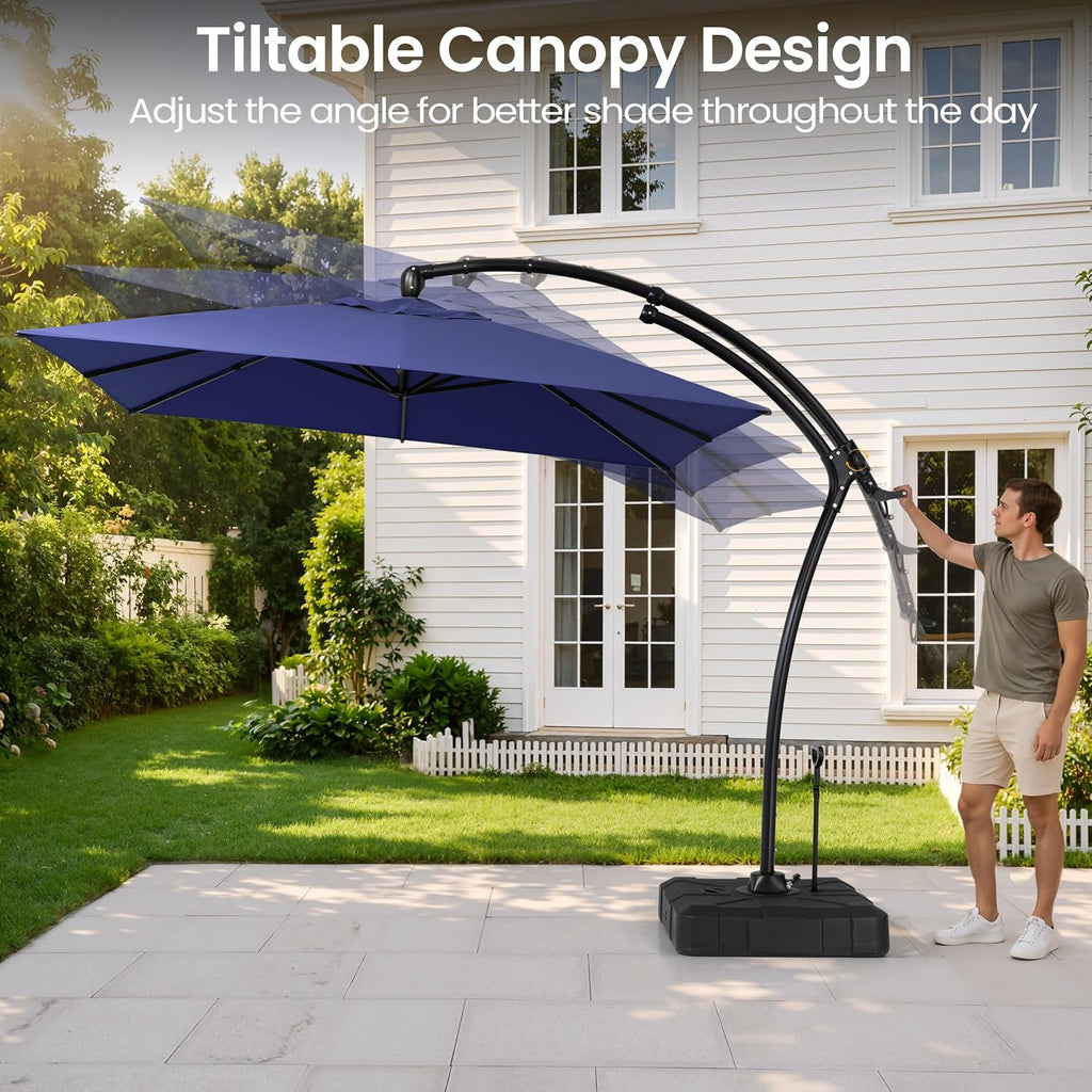 9-11FT Offset Cantilever Umbrella with 350LBS Wheeled Base Included | 360-degree adjustment, Aluminum & iron frame - Nav