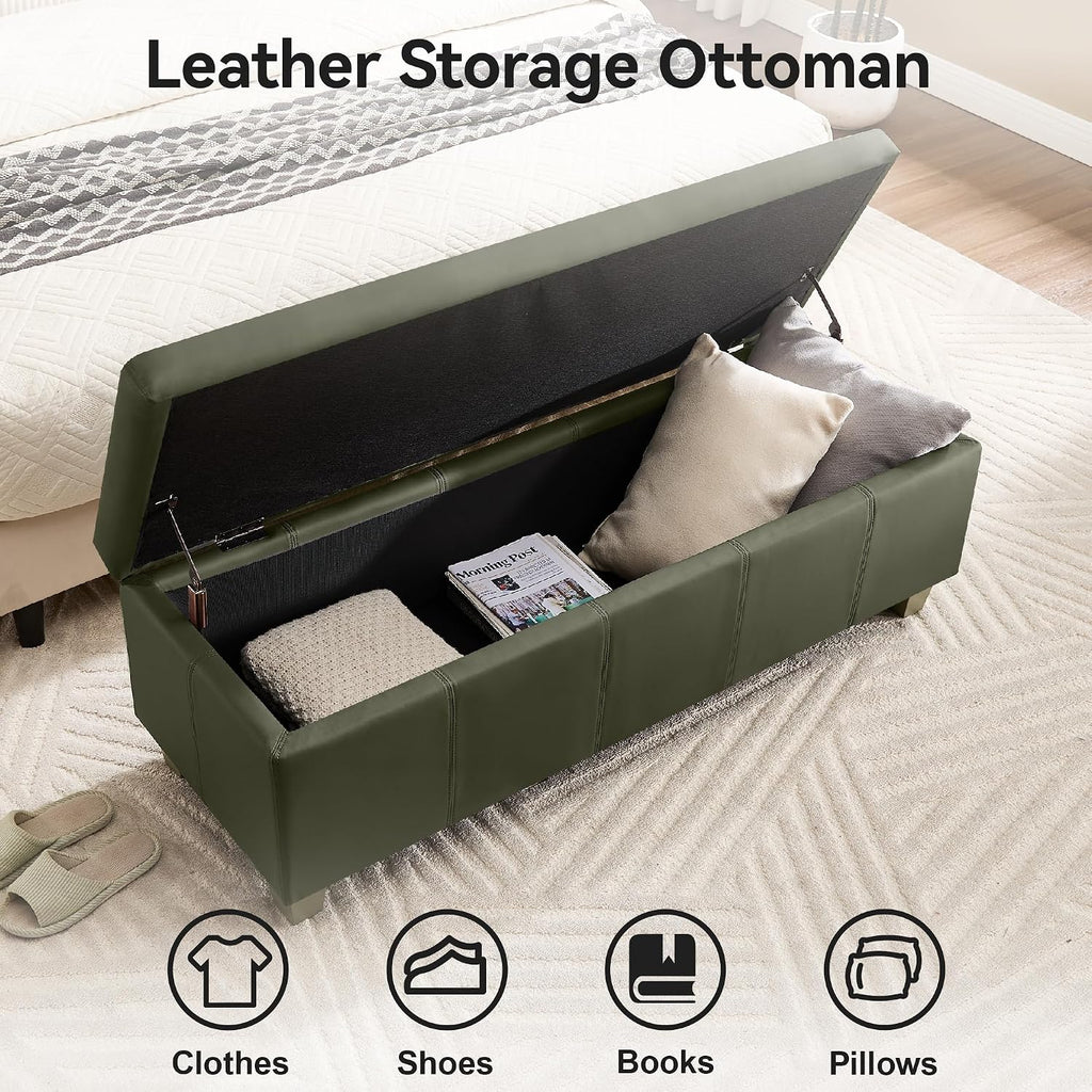 41" Faux Leather Storage Ottoman, Stitch Tufted Rectangle Upholstered End of Bed Storage Bench, Entryway Large Couch