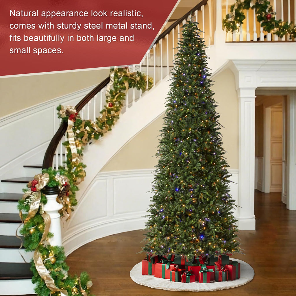 11ft Pre-Lit Christmas Tree, Hinged Slim Artificial Xmas Tree, Radiant Evergreen Fir with 850 Warm White/Multi-Color