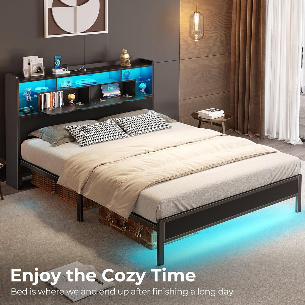 Full Bed Frame with Headboard, LED Bed with Bookcase Storage and Charging Station