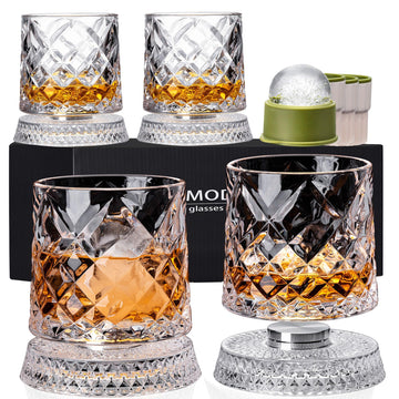 Spinning Whiskey Glasses Set of 4, 9.5 oz Smooth Rotating Bases, Gift Box