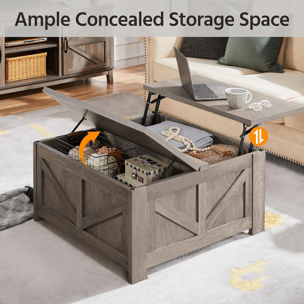 Lift Top Coffee Table, Square Farmhouse Coffee Table with Hidden Storage Compartment, Wood Center Table, Gray