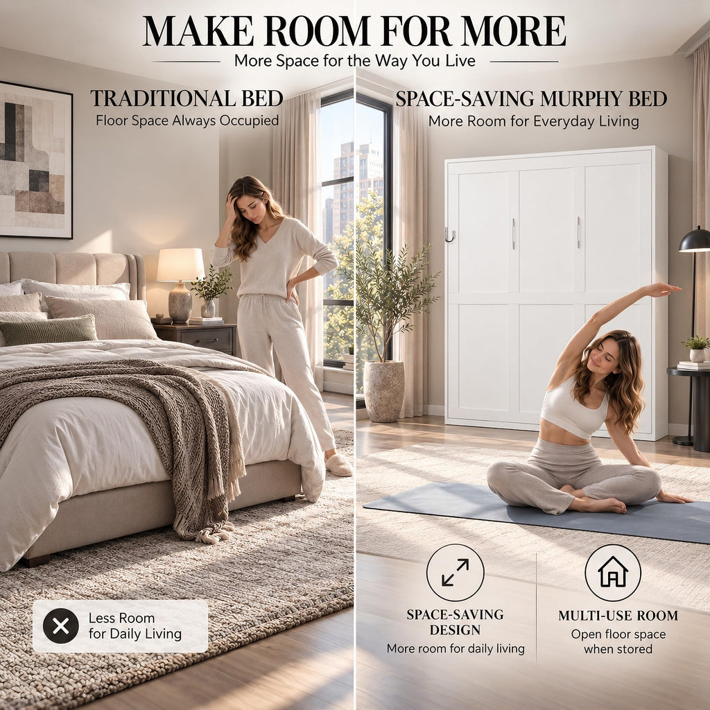 Queen Murphy Bed, White Vertical Folding Wall Bed Cabinet for Small Spaces