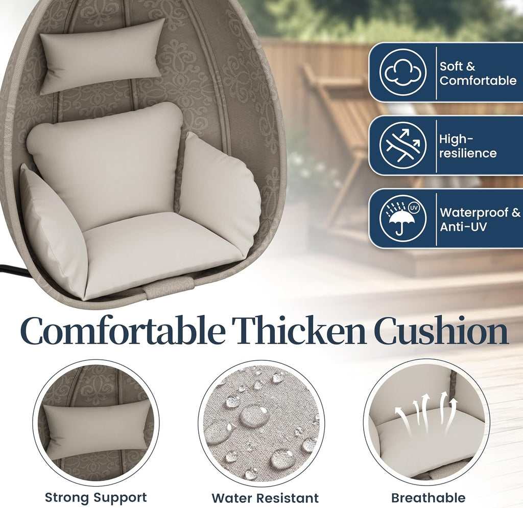 Hanging Egg Chair with Stand Indoor Outdoor, Foldable Outdoor Egg Swing Chair with Cushion, 485LBS Capacity Textilene
