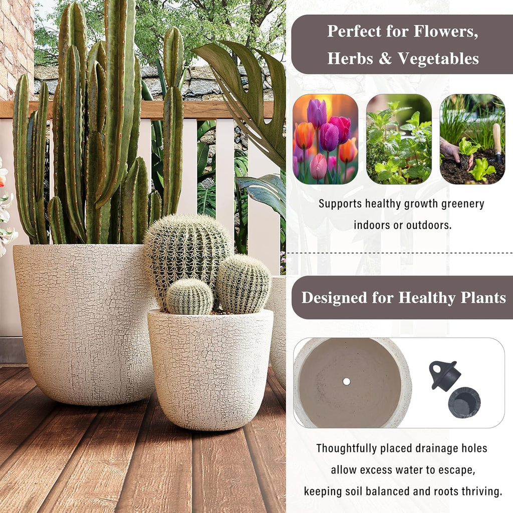 Indoor Outdoor Plant Pots with Drainage Holes and Rubber Plug- Set of 3,Large Lightweight MGO Flower Pots