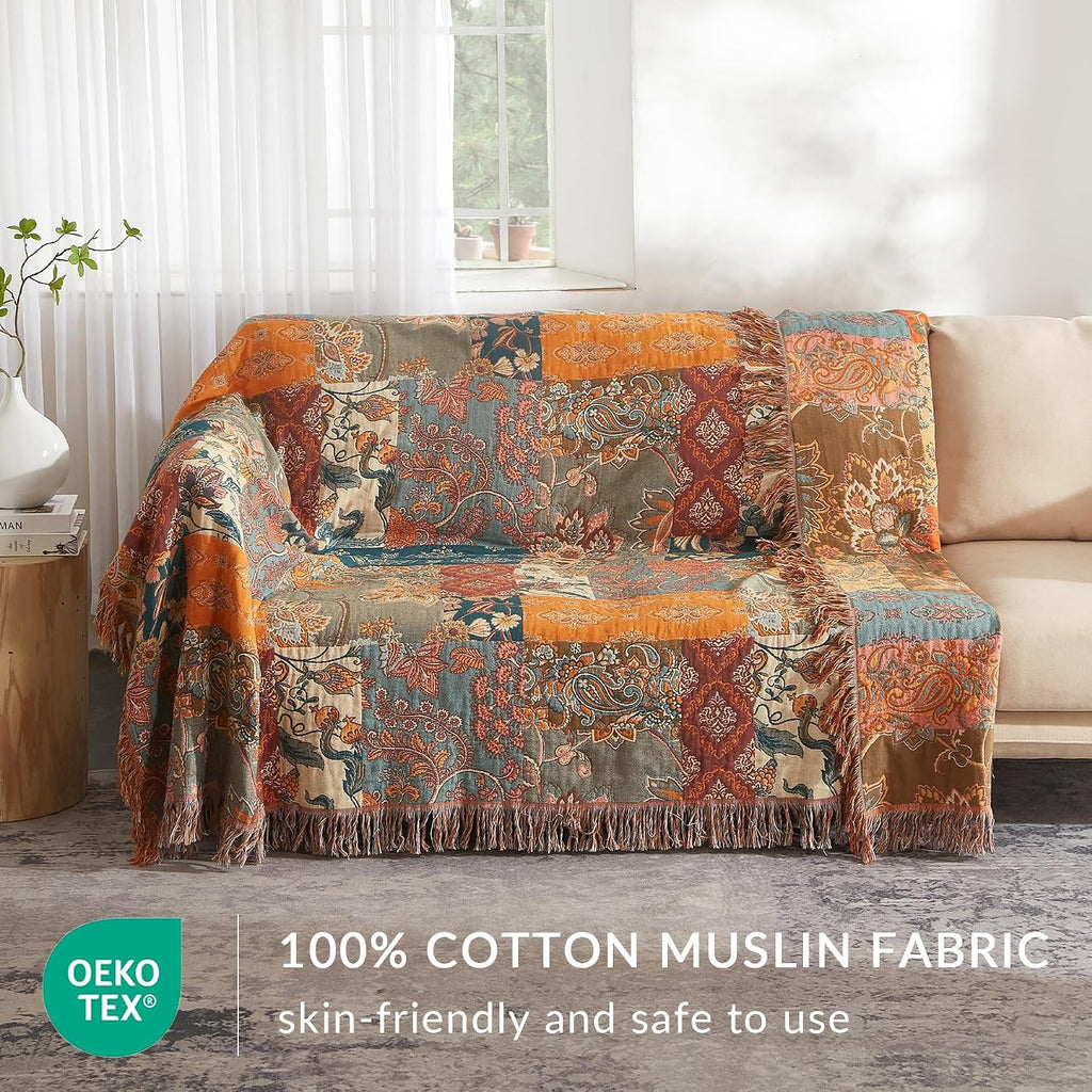 Boho Throw Blanket, 100% Cotton Woven Quilt with Tassel 60”x80”, Super Soft Muslin Blanket with Floral Printed