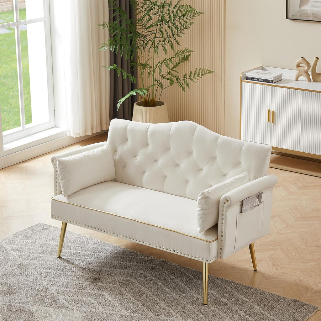 55 Inch Beige Velvet Loveseat Sofa with Gold Metal Legs & Side Pockets, Tufted Backrest