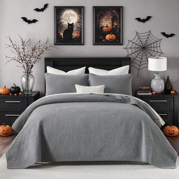 Cotton Quilt Set, 3-Piece Coin Pattern Bedspread, Lightweight Pre-Washed Coverlet, Solid Modern
