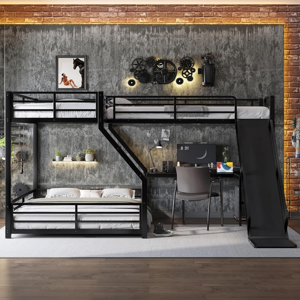Triple Bunk Beds, L-Shape Twin XL Over Queen Bunk Bed Attached a Loft Bed with Desk
