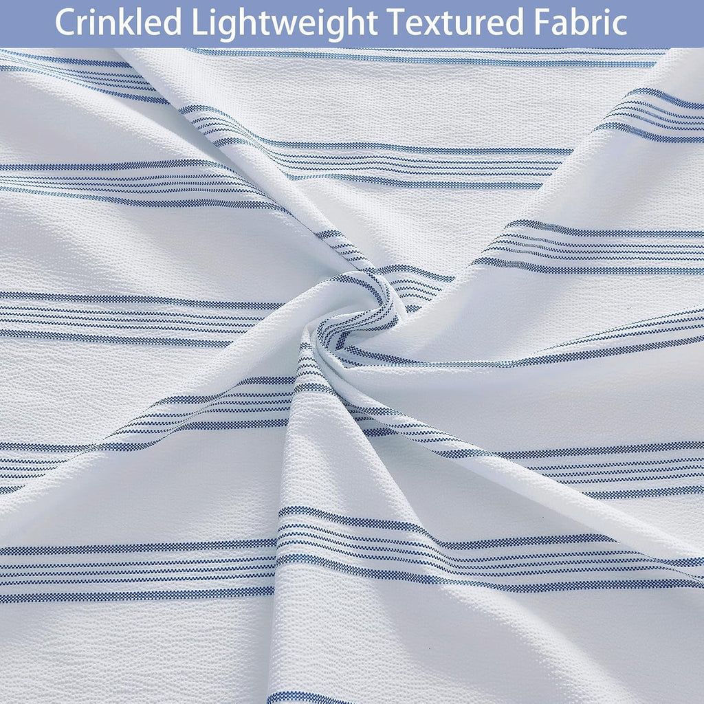 Blue and White Striped Shower Curtain with 12 Metal Hooks, Crinkled Lightweight Textured Fabric Modern Farmhouse