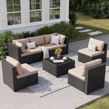 Patio Furniture Set, 7-Piece Outdoor Sectional All-Weather Wicker Patio Conversation Set for Backyard (Navy Blue