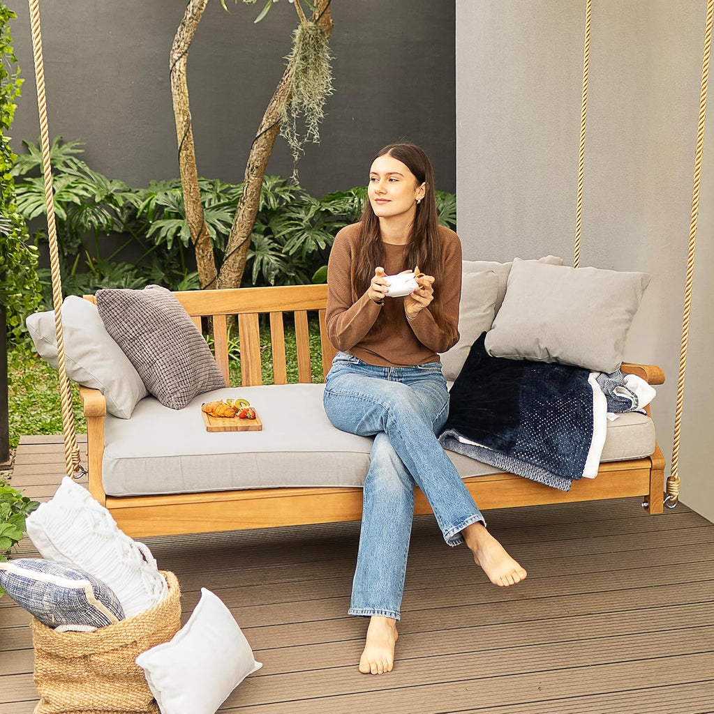 Robin Teak Wood 6 FT Porch Swing Bed, Upgraded Patio Porch Swing Daybed with Thick Cushion Support, 750 LB Weight
