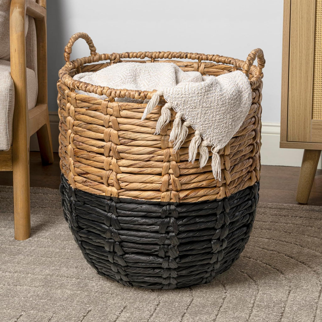 Laurel Hand-Woven Abaca Storage Basket 19", Natural/Black | Wicker Seagrass Container with Handles for Decoration