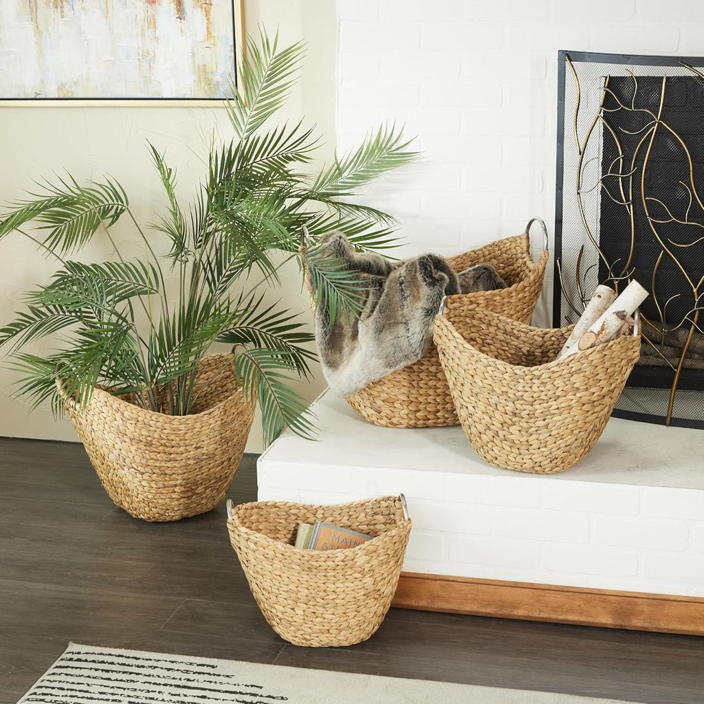 79 Seagrass Handmade Decorative and Functional Storage Basket Woven Curved Basket Organizer with Silver Metal