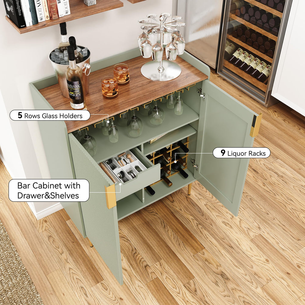 Coffee Bar Cabinet with Wine Rack&Glass Holder, Sage Green