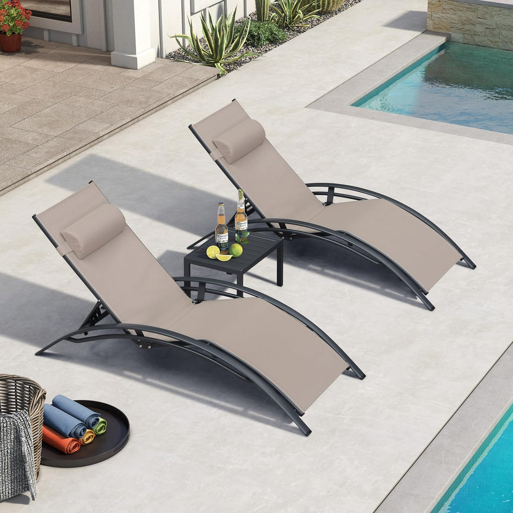 Patio Pool Lounge Chaise Set of 3 Outdoor Lounger Chair, Taupe | 2 Chaise + 1 Table, Aluminum Frame, Adjustable