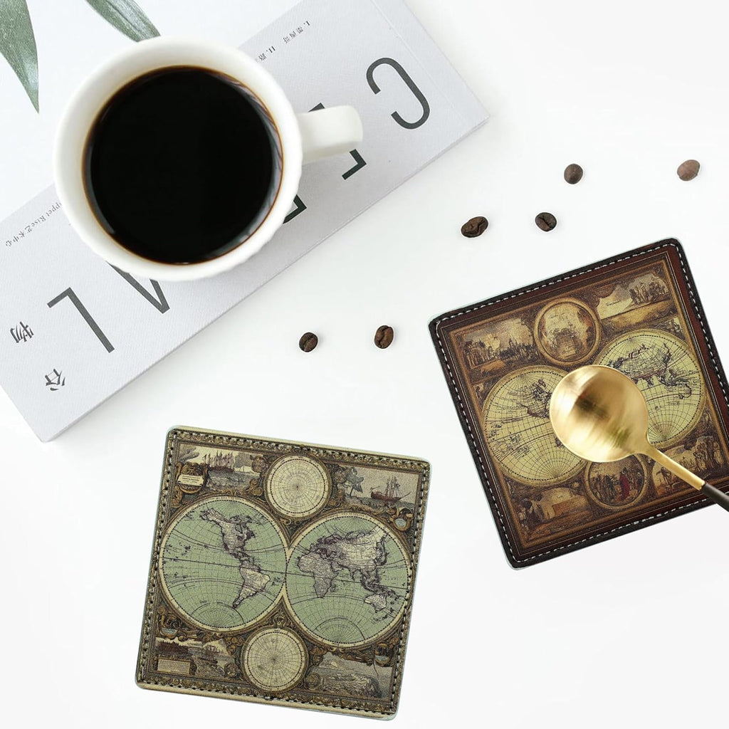 Marble Coasters Square Leather Drinks Coaster Set with Holder for Coffee Table Bar Home Decor 4 Inches (Old - Set of 6