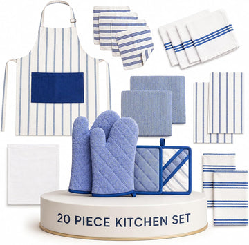 Kitchen Towels and Dishcloths Sets, 20 Pc Kitchen Essentials for New Home, Heat Resistant Oven Mitts & Pot Holders
