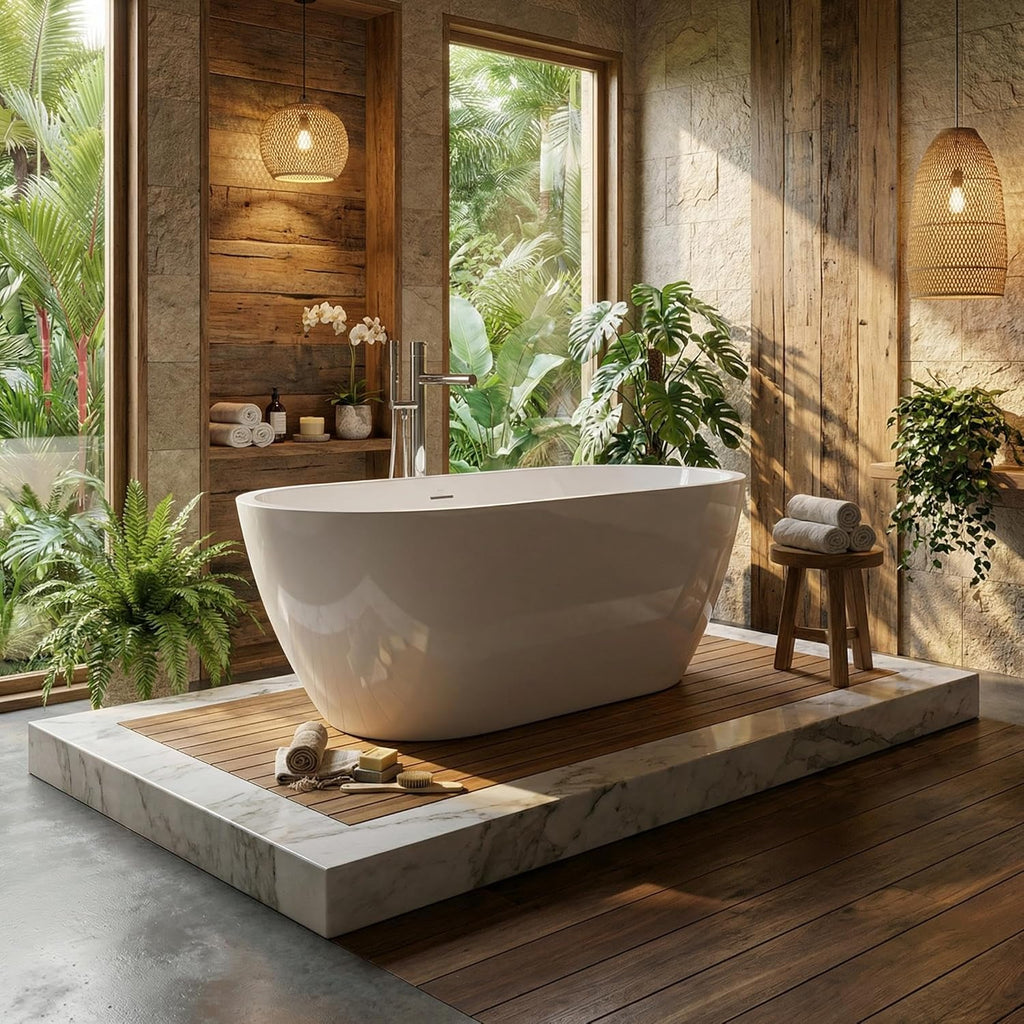Freestanding Bathtub 59 Inch, Oval Acrylic Stand Alone Tub with Chrome Drain, Modern White Soaking Tub for Bathroom