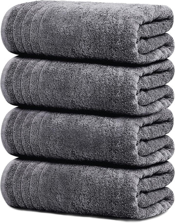 4 Piece Extra Large Bath Towels 30 x 60 Inches, Dark Grey | 100% Cotton, Larger & Lighter Weight, Quicker to Dry