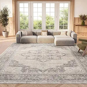Area Rug 12x15 - Brentwood Collection - Large - Cream & Grey, Medallion Distressed Design, Non-Shedding & Easy to