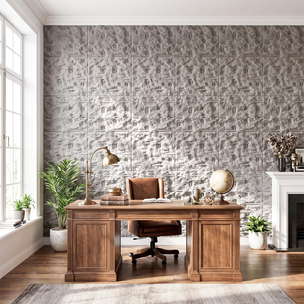 3D Faux Stone Wall Panels, 4 PCS PU Wainscoting Panel - Frosted Stone Design for Interior Wall Decor, Home & Office