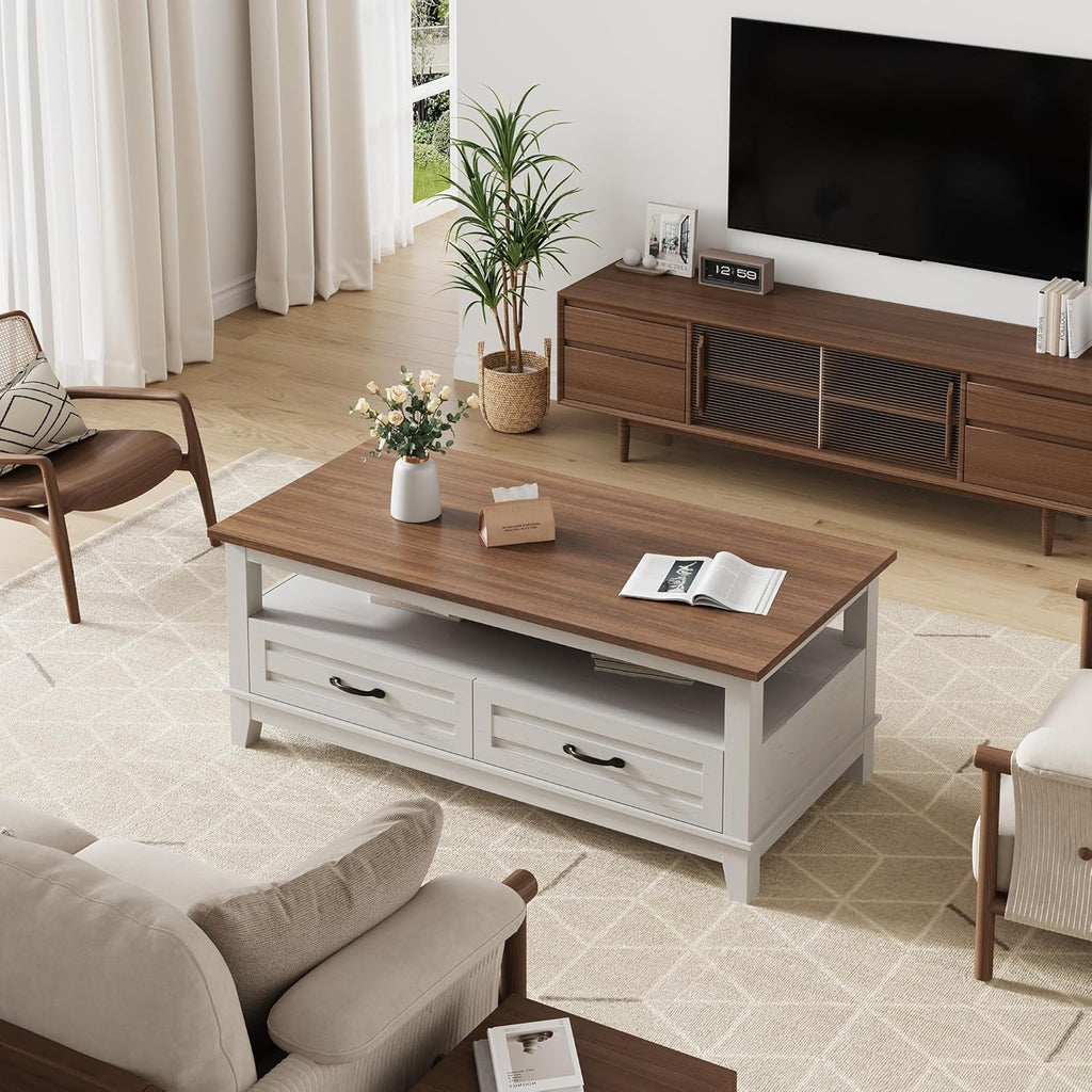 Farmhouse Coffee Table with Drawers, 47.2 in Center Table Rustic Coffee Tables White Brown Living Room Table