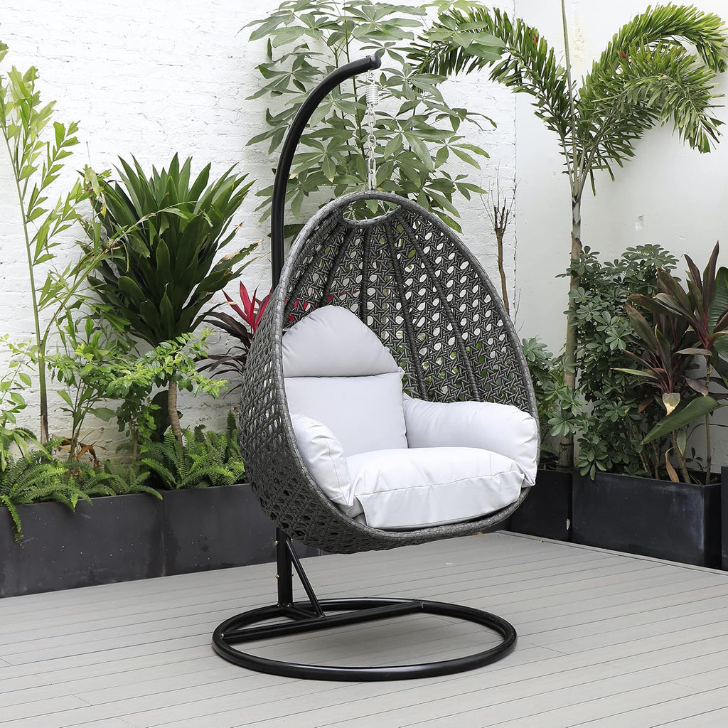 Charcoal Wicker Rattan Hanging Egg Swing Chair for Indoor Outdoor Bedroom Patio with Stand and Cushion (Light Grey)